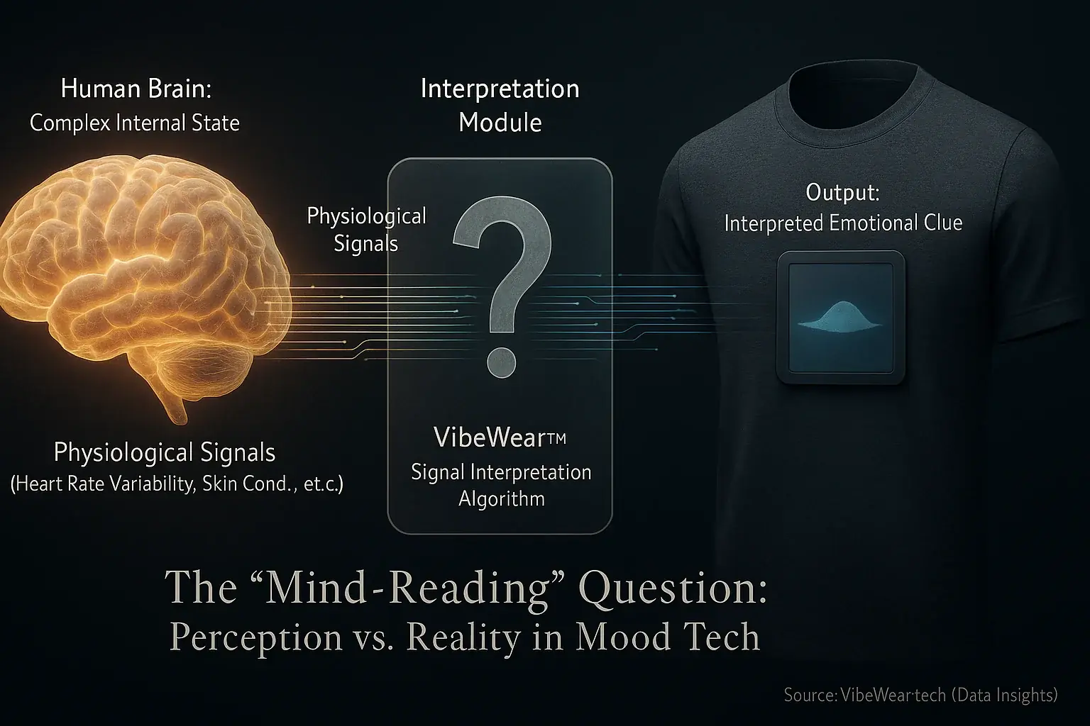 Stylized brain connected to E-Ink shirt: VibeWear interprets signals, not minds, clarifying mind-reading hype vs. reality.