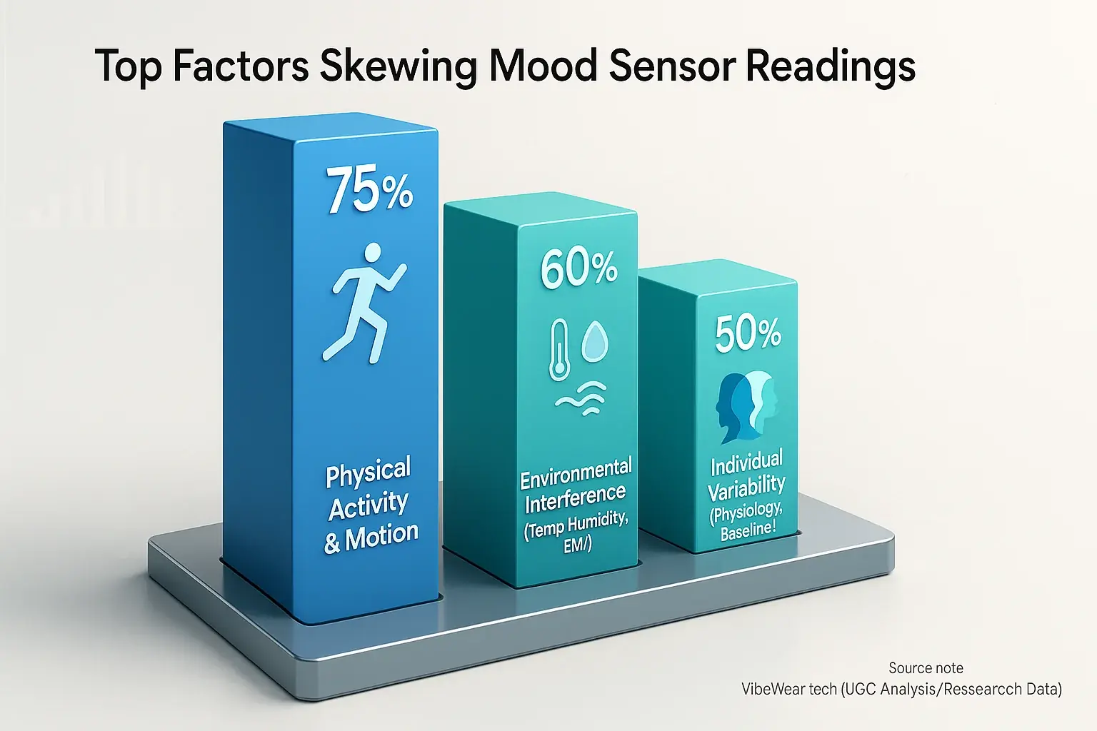 Bar chart: Top 3 factors skewing mood sensor readings: physical activity, environmental noise, individual variability.