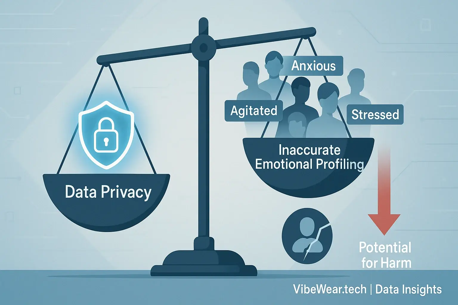 Scale: Inaccurate emotional profiling outweighing data privacy, arrow indicating potential harm, highlighting ethical risk.