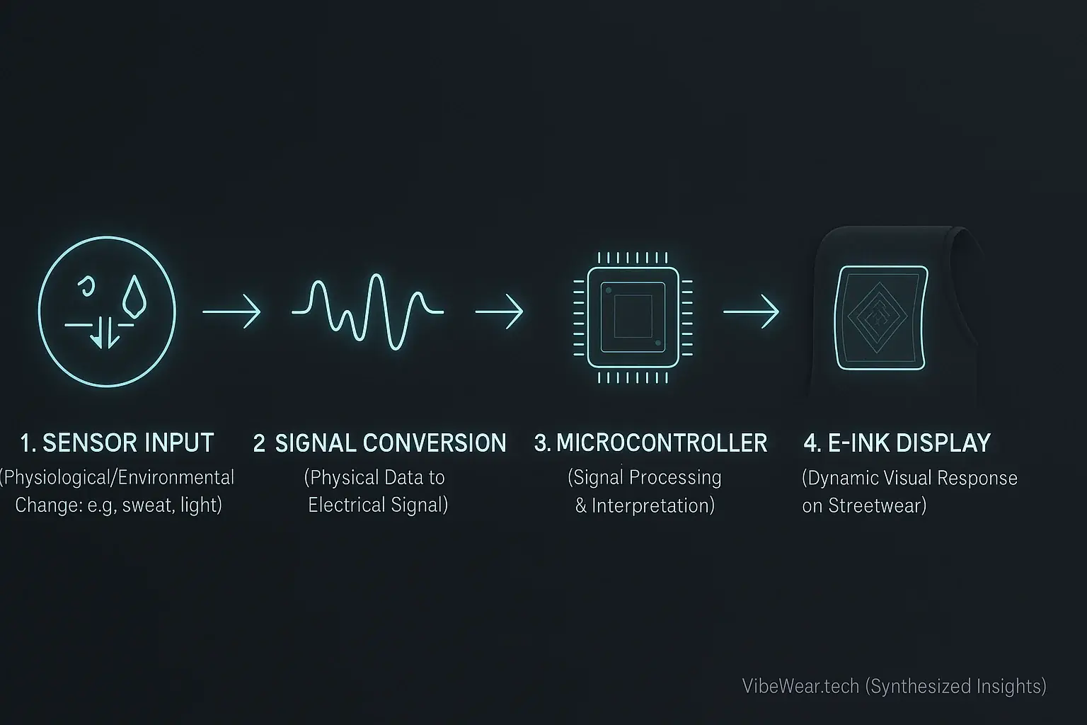 Flowchart with icons: Sensor input (sweat/light) -> signal -> microcontroller -> E-Ink display changes.