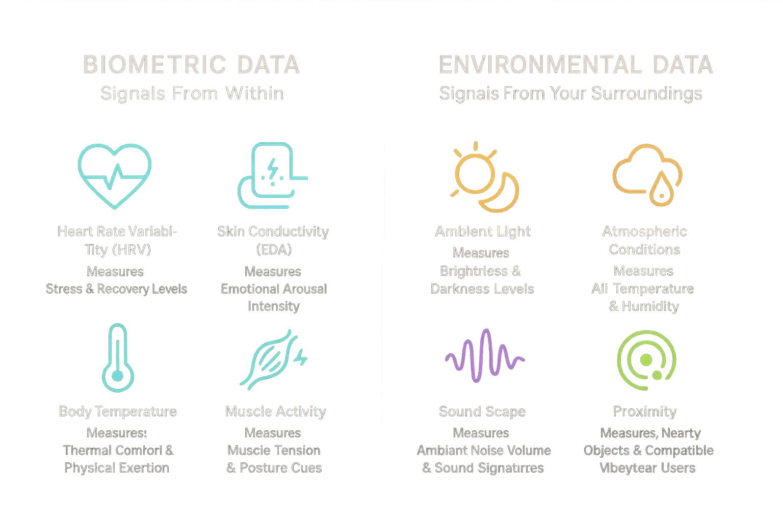 Clothing sensor data categorized: Biometric (heart rate, skin conductivity) & Environmental (temperature, light), with icons.