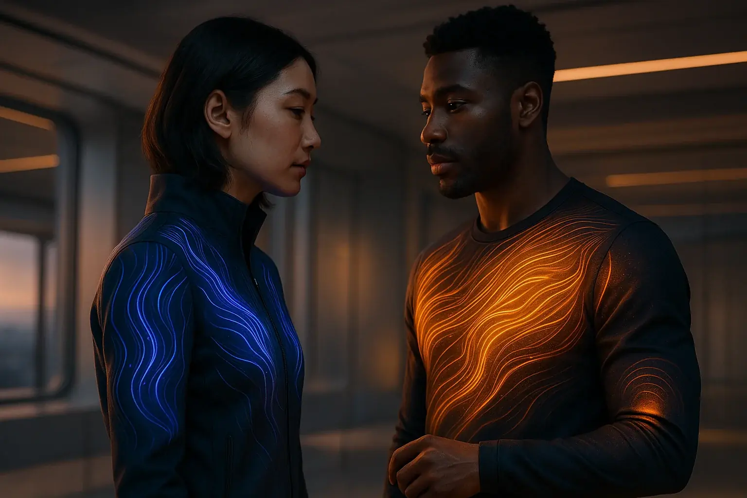 Futuristic garment reacts beyond display with haptic ripples, sound-reactive patterns, and proximity shifts via sensors.
