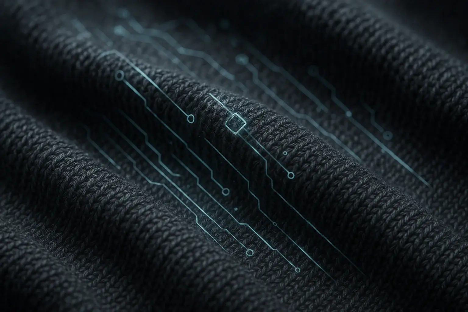 Textured smart fabric close-up: tiny, near-invisible sensors seamlessly woven in, demonstrating invisible, miniaturized tech.