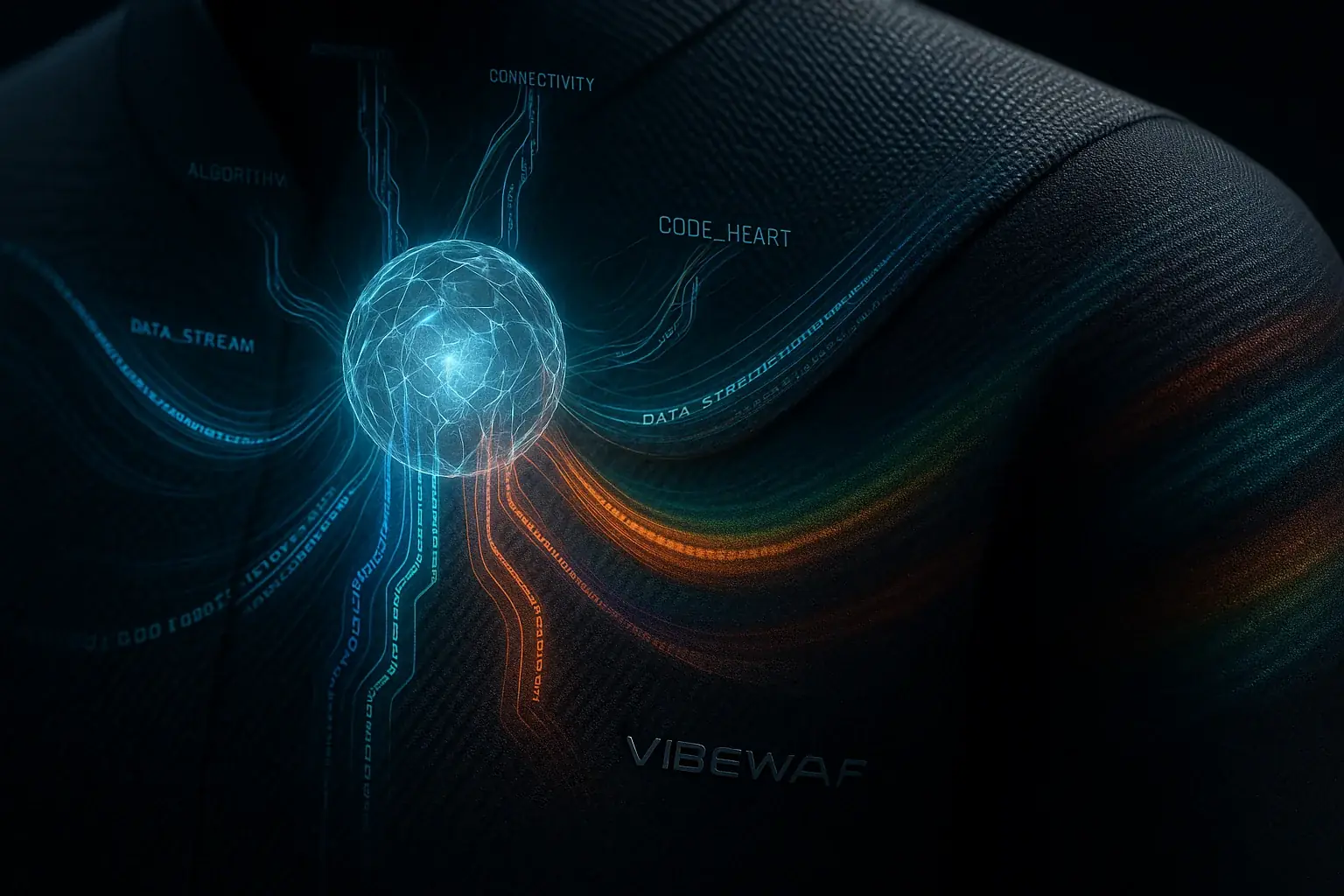 Abstract art: vibrant, glowing code and data streams merge with fabric, forming patterns, highlighting software&#x27;s VibeWear