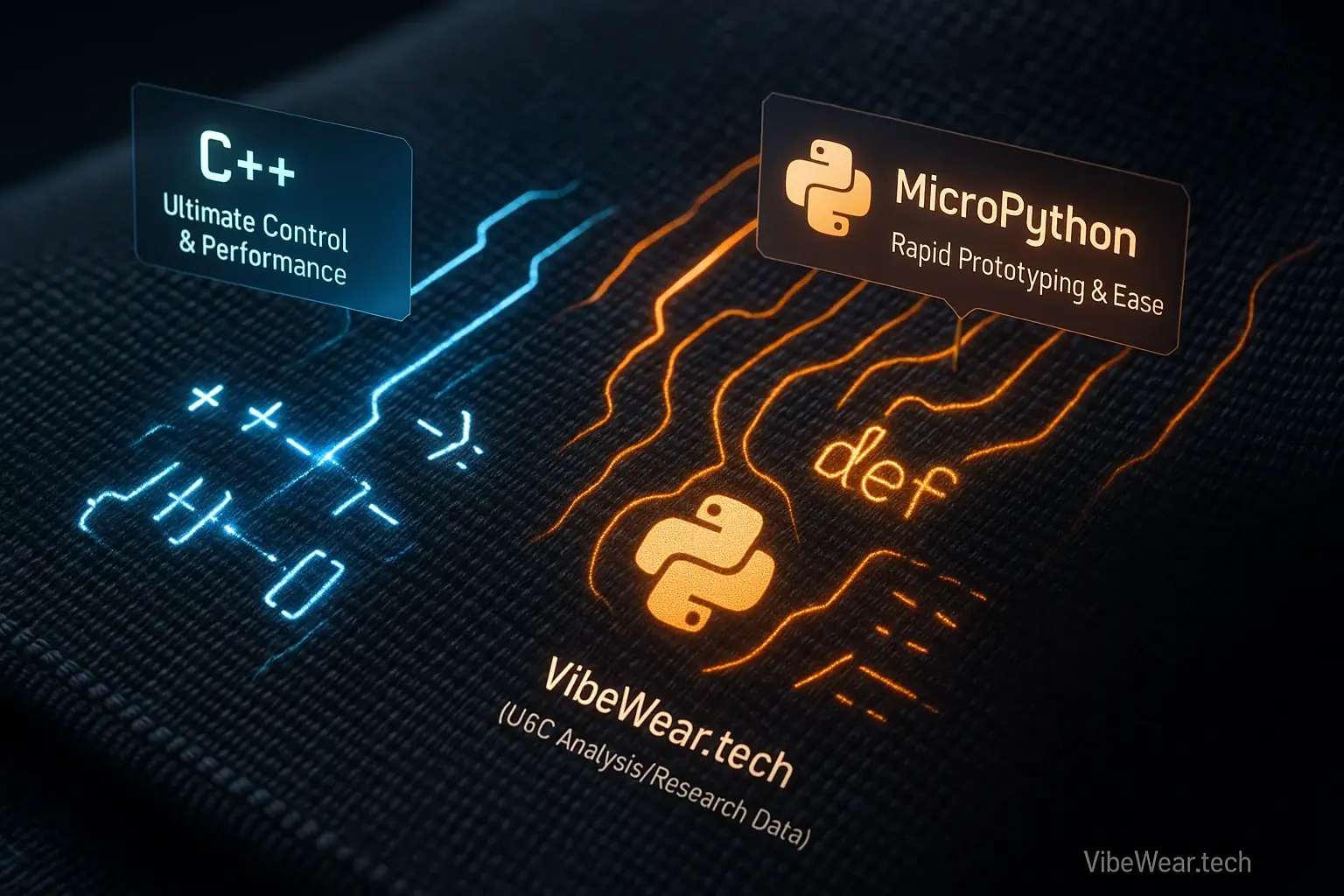 Glowing C++ and MicroPython code symbols woven into fabric, symbolizing programming for e-ink apparel.