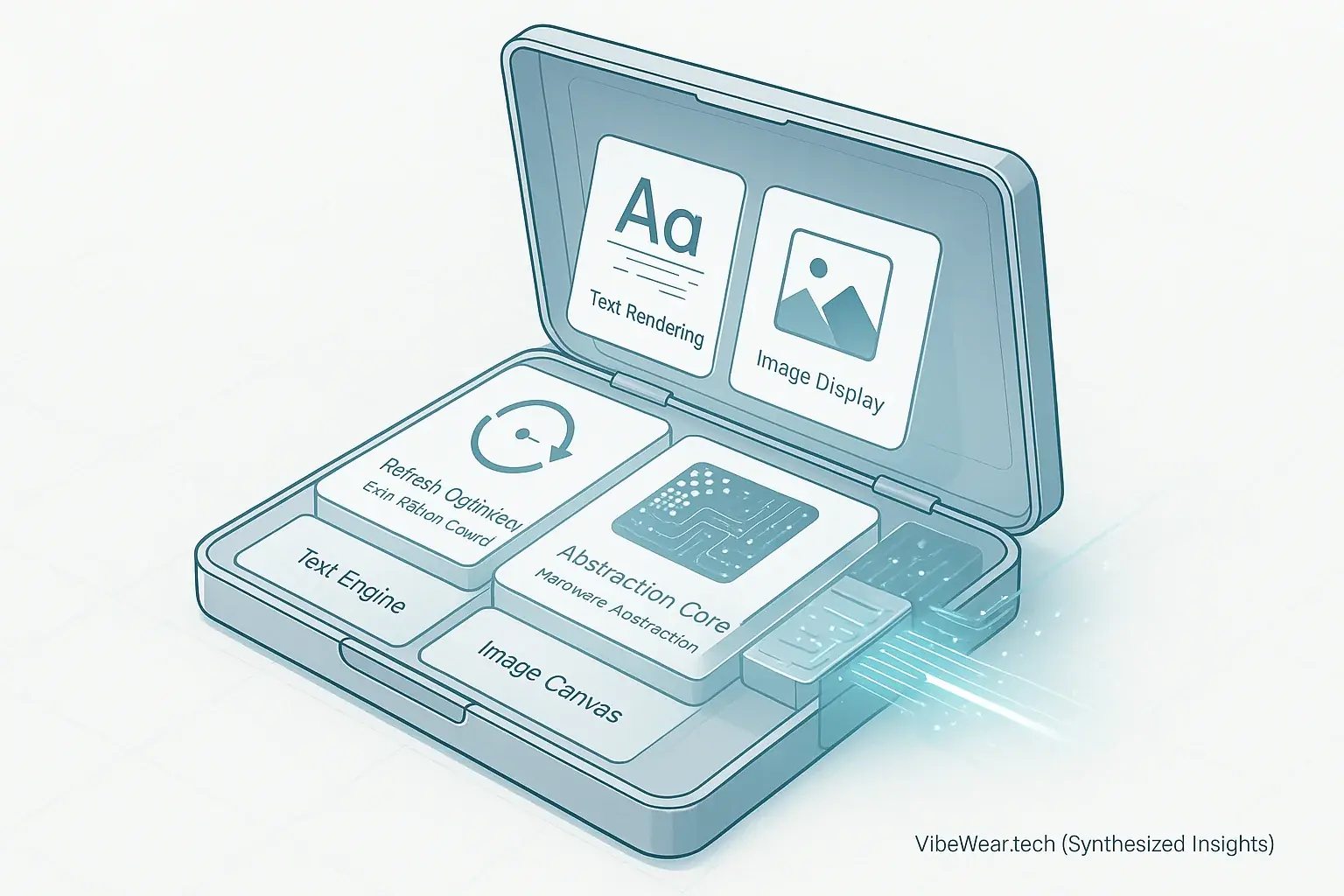 Stylized E-Ink developer toolkit infographic: Icons for E-Ink library functions: text display, image drawing, refresh