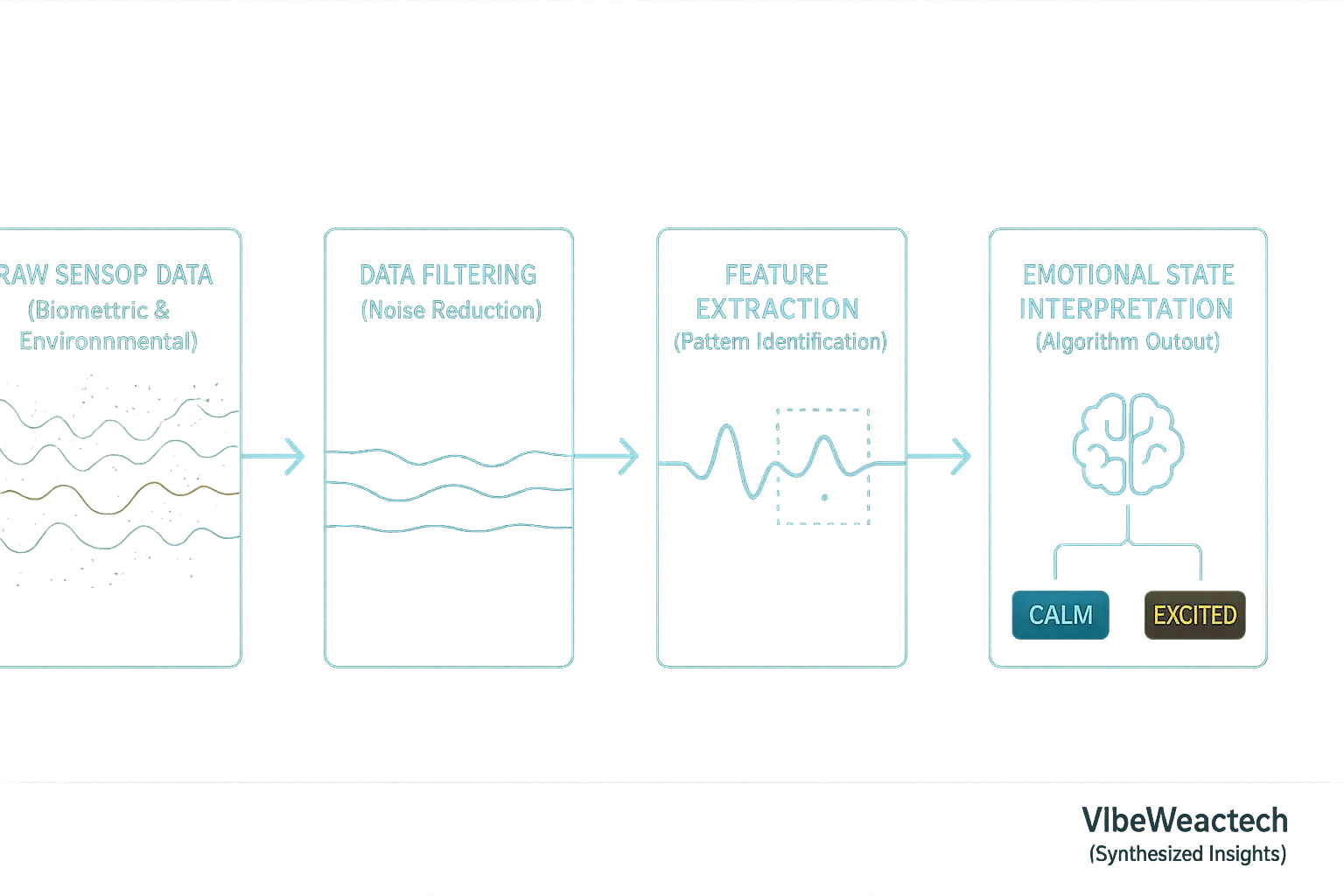 VibeWear&#x27;s algorithm flowchart: raw data -&gt; filtering -&gt; feature extraction -&gt; interpreted vibes (e.g. calm/excited).