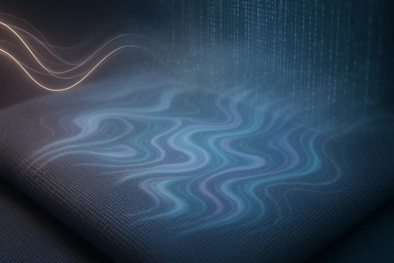 Abstract digital art: mood sensor data input triggers dynamic pattern changes on fabric, showcasing logic for pattern