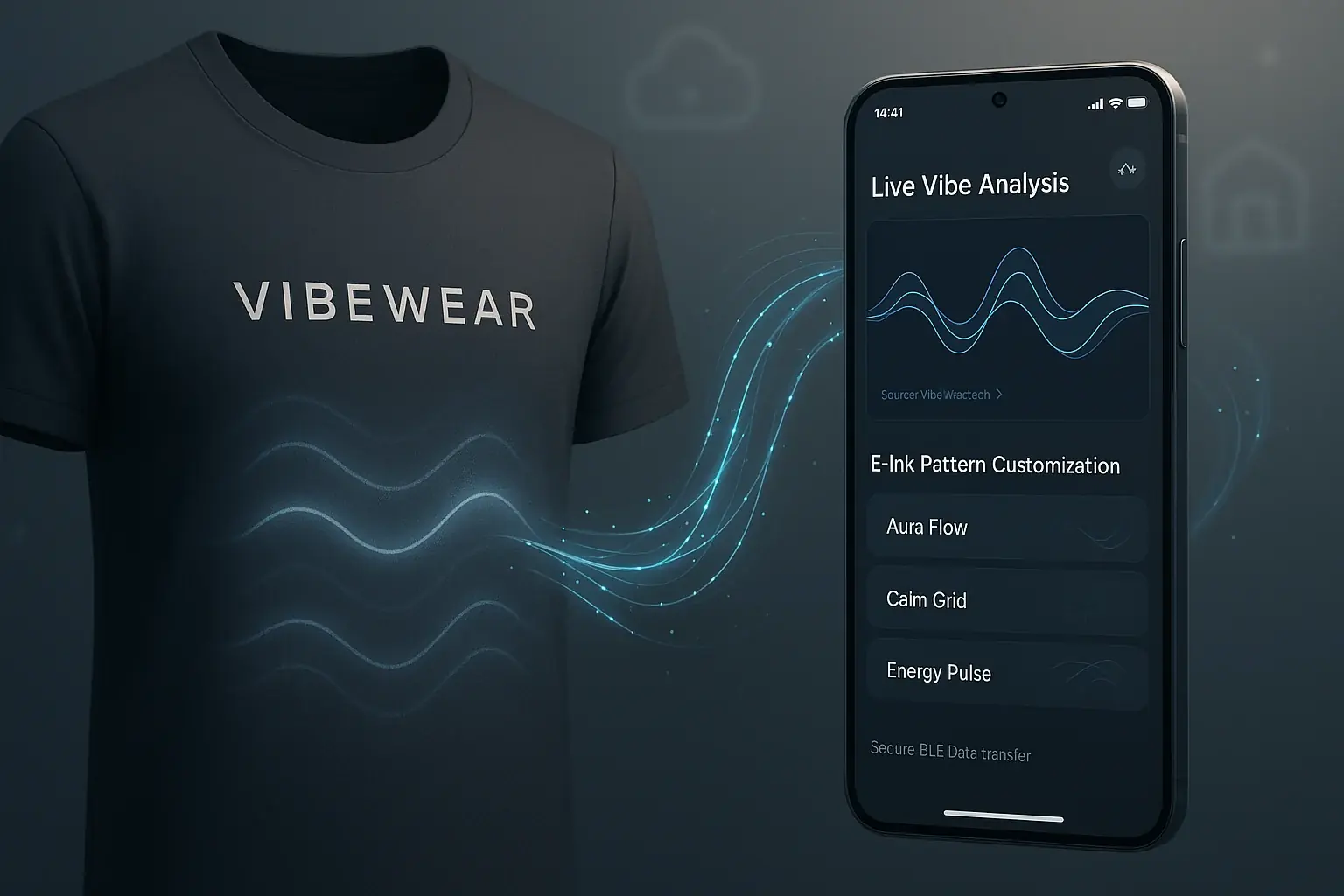 VibeWear garment wirelessly transmits data to a smartphone app, visualized by modern digital connection lines.