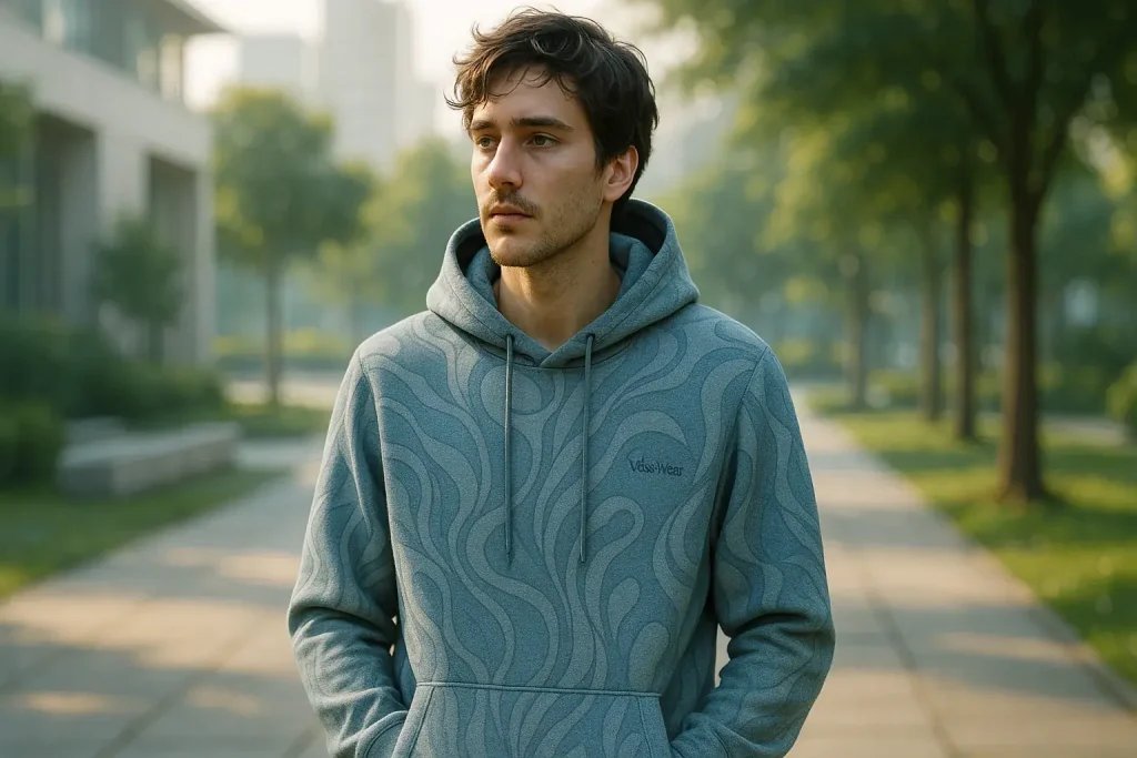 Person wears mood-adaptive E-Ink streetwear, patterns subtly shifting, seamlessly integrated in urban daily life.