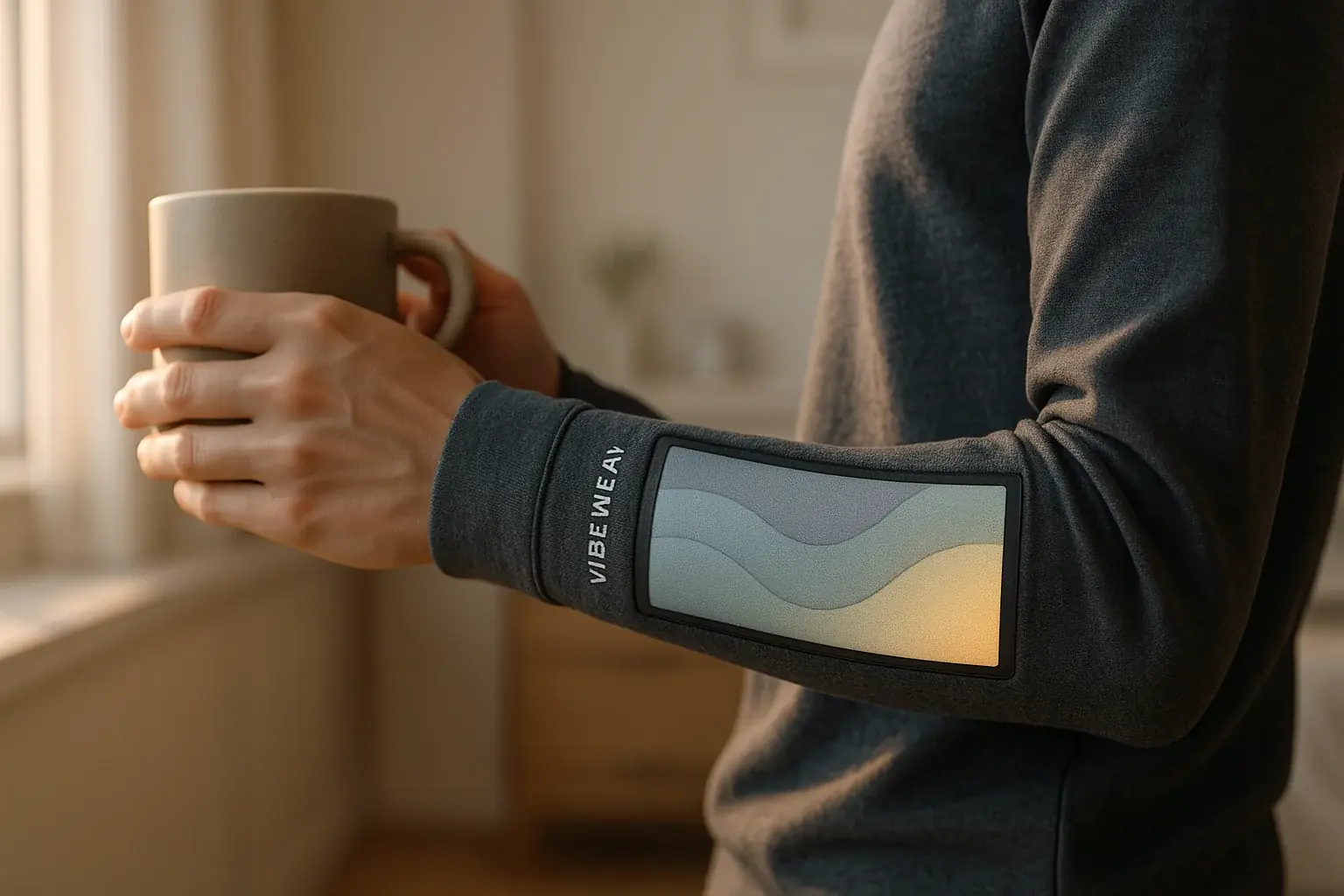 Person with morning coffee; VibeWear subtly changes appearance to match waking mood or light. Modern design.