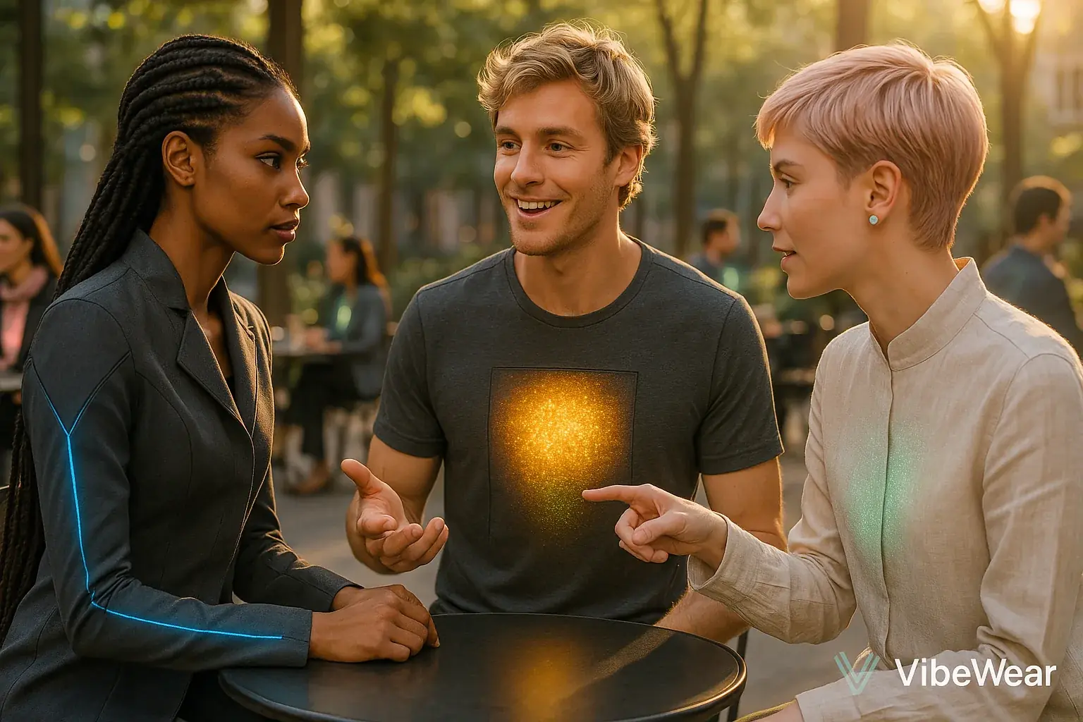 Diverse people interacting; VibeWear subtly glows with dynamic, colorful patterns revealing emotional states & social energy.