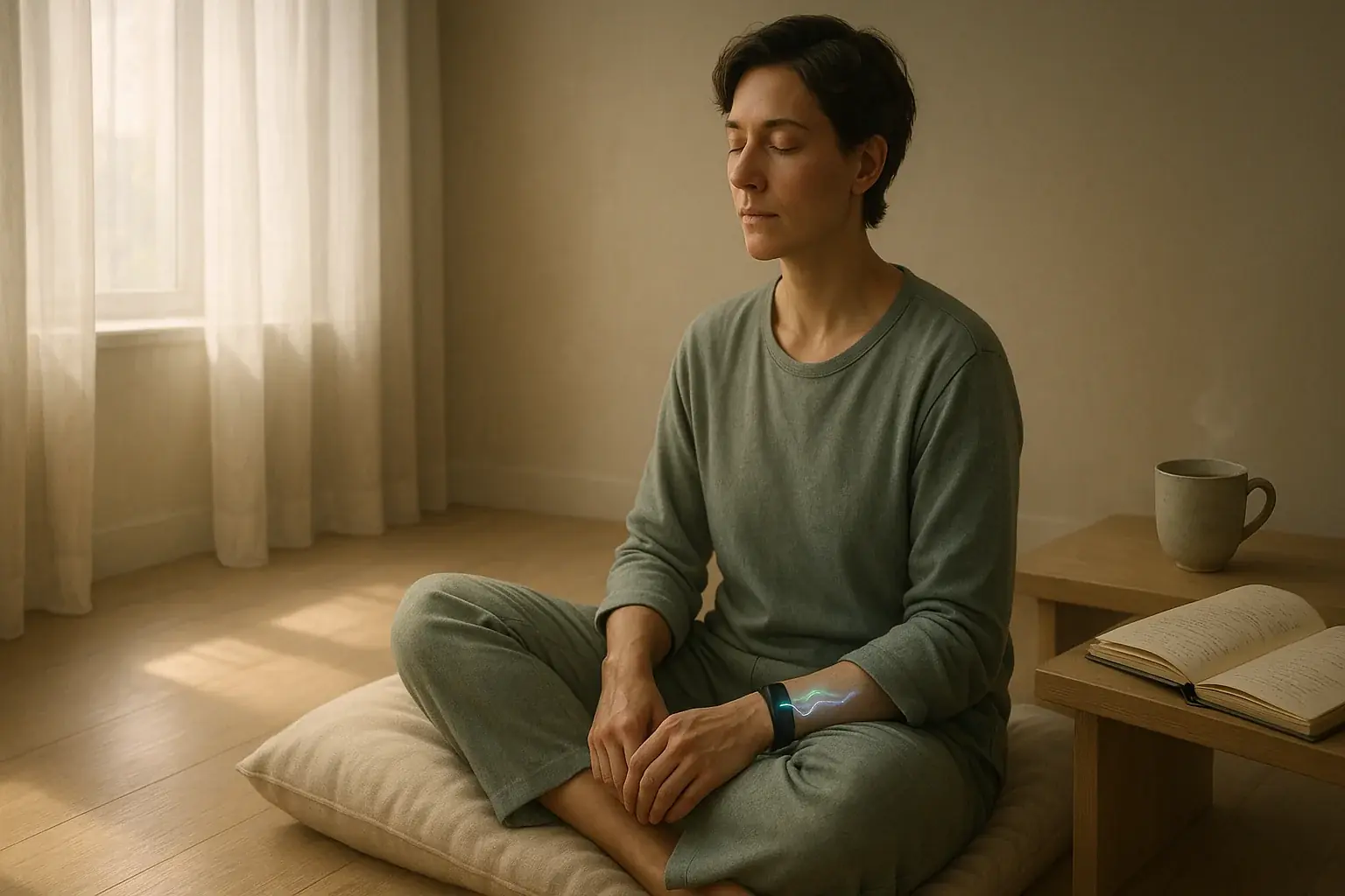 Person in serene reflection, VibeWear subtly displays a calming pattern, visualizing their inner peace for unwinding.