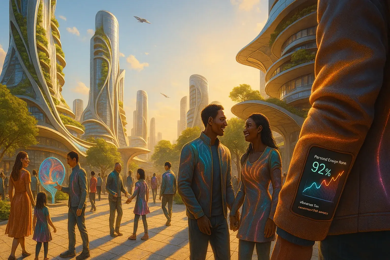 Futuristic city: diverse people seamlessly integrated with VibeWear, embodying a blend of tech, style, and connection.