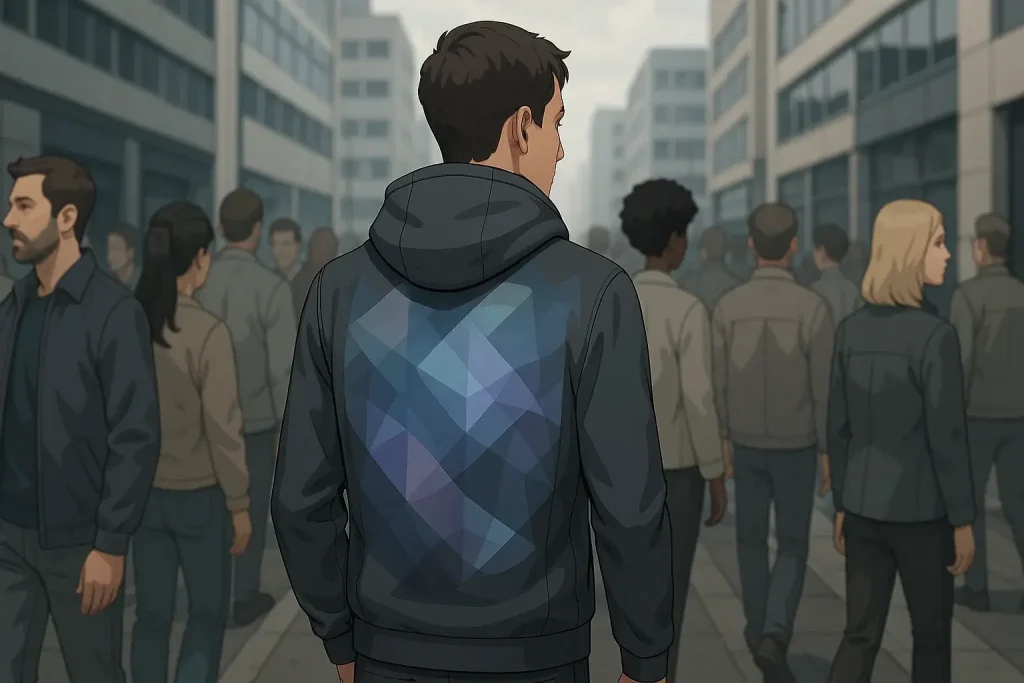 Lone figure in futuristic E-Ink hoodie contrasts with traditionally dressed crowd, illustrating fashion tech's adoption