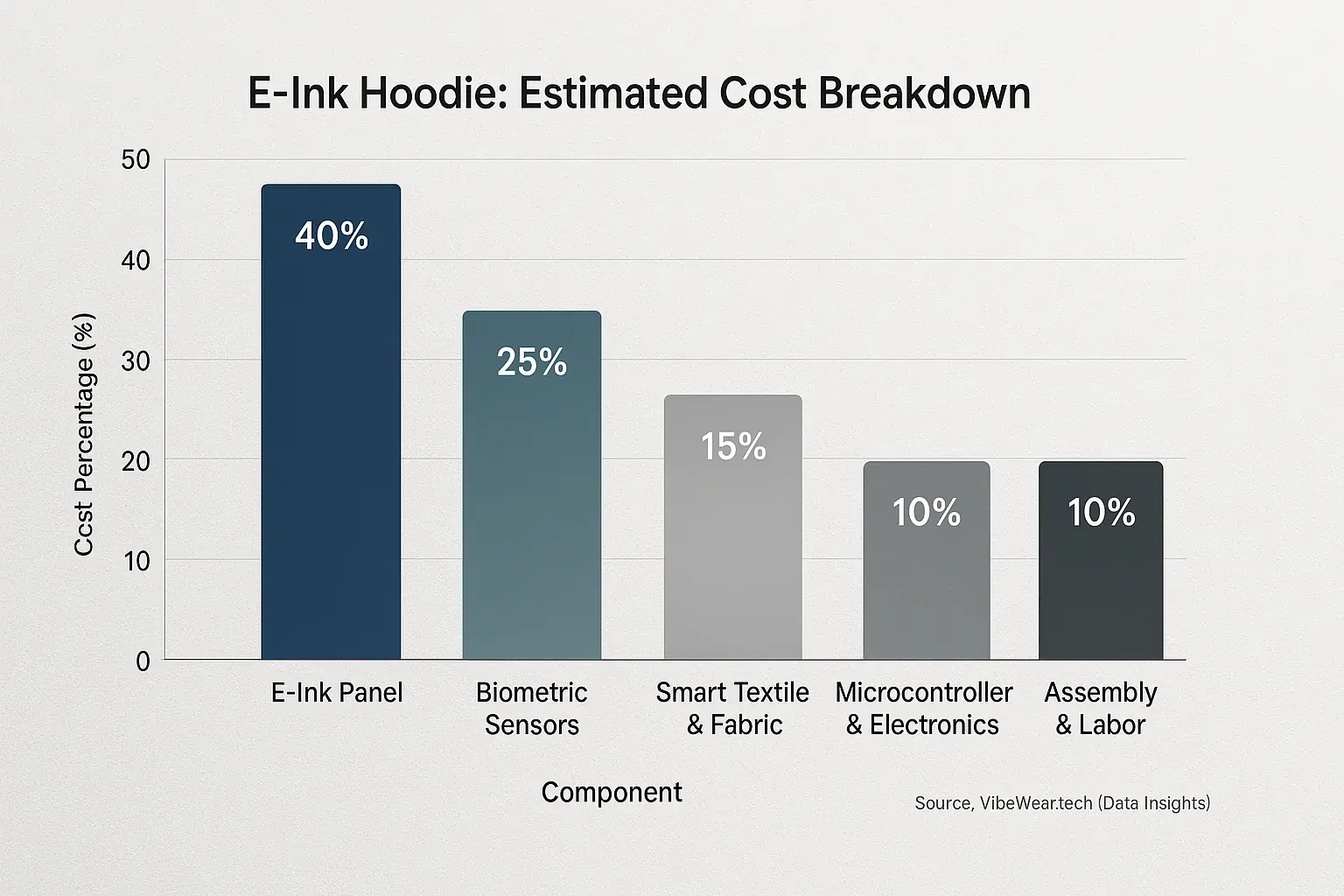Bar chart: E-Ink panel (50%) & electronics (25%) are major cost drivers in E-Ink hoodies, explaining high price.