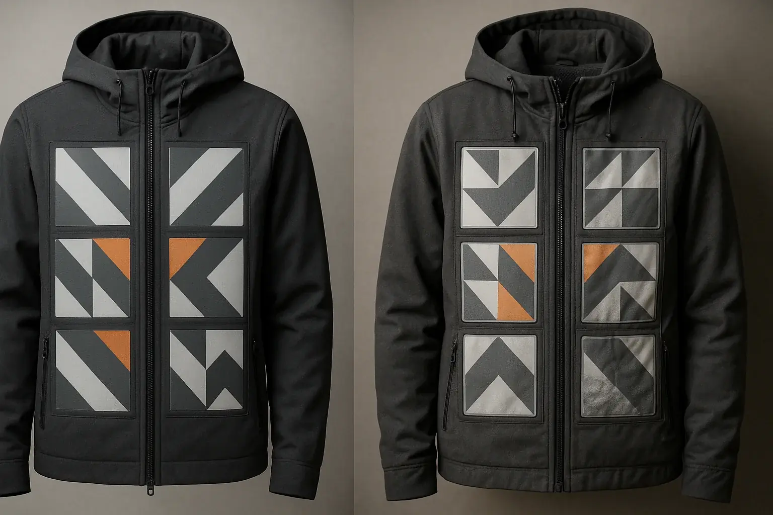 E-Ink garment: pristine vs. one with subtle wear, tear, & water damage, questioning real-world durability.