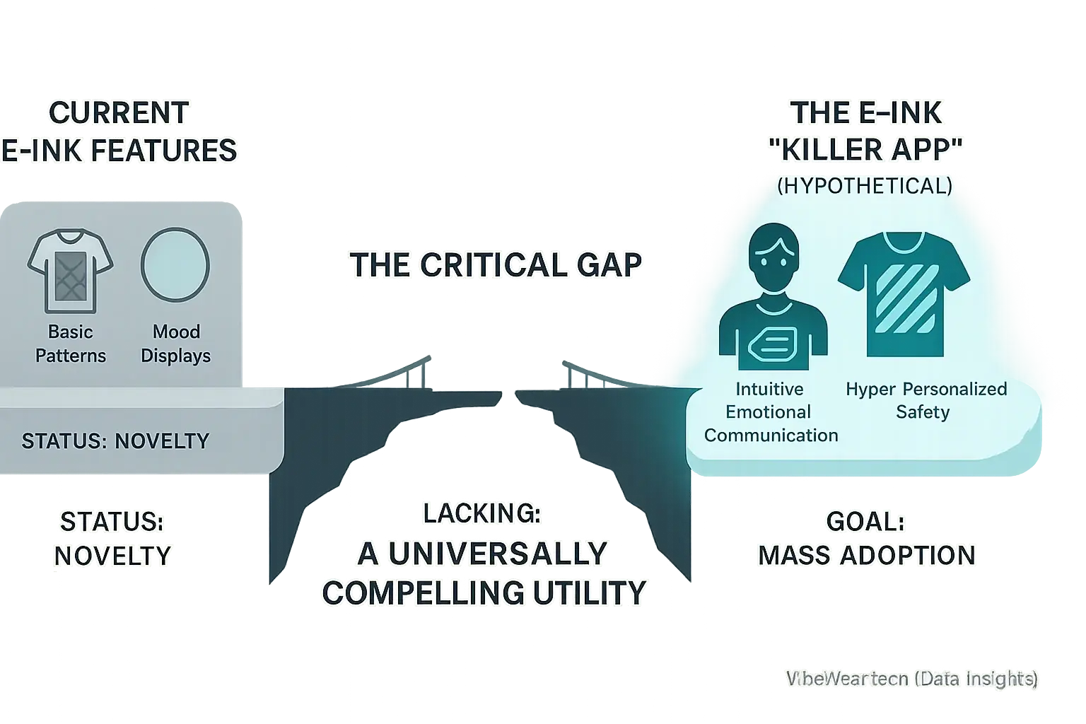 Infographic illustrating the gap between current E-Ink features and the 'killer app' needed for mass adoption.