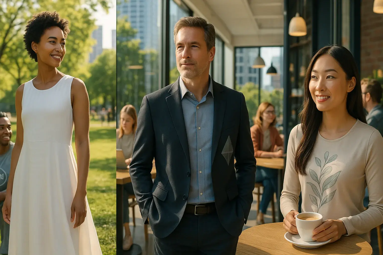 Diverse people effortlessly wear seamless, futuristic E-Ink clothing in daily life, heralding its mainstream future.