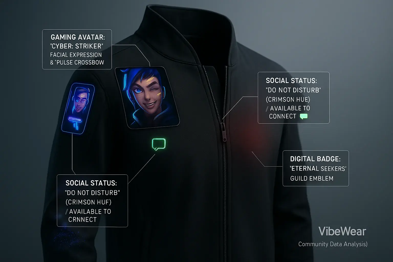 VibeWear garment dynamically displays diverse digital expressions (avatars, icons, patterns) as a living profile.