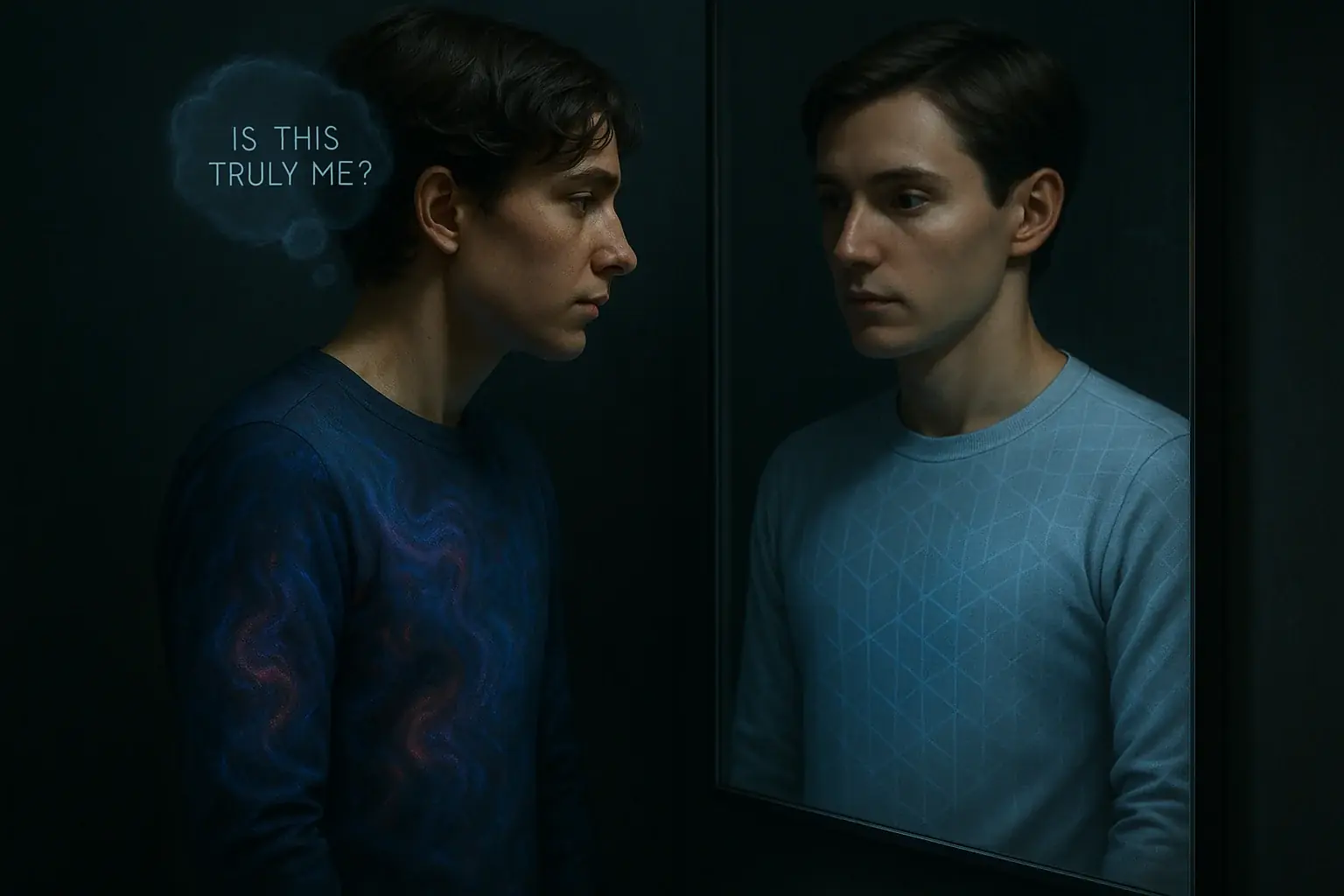 Person with VibeWear displaying digital pattern reflects, a thought bubble asks 'Is this me?', exploring hybrid self.