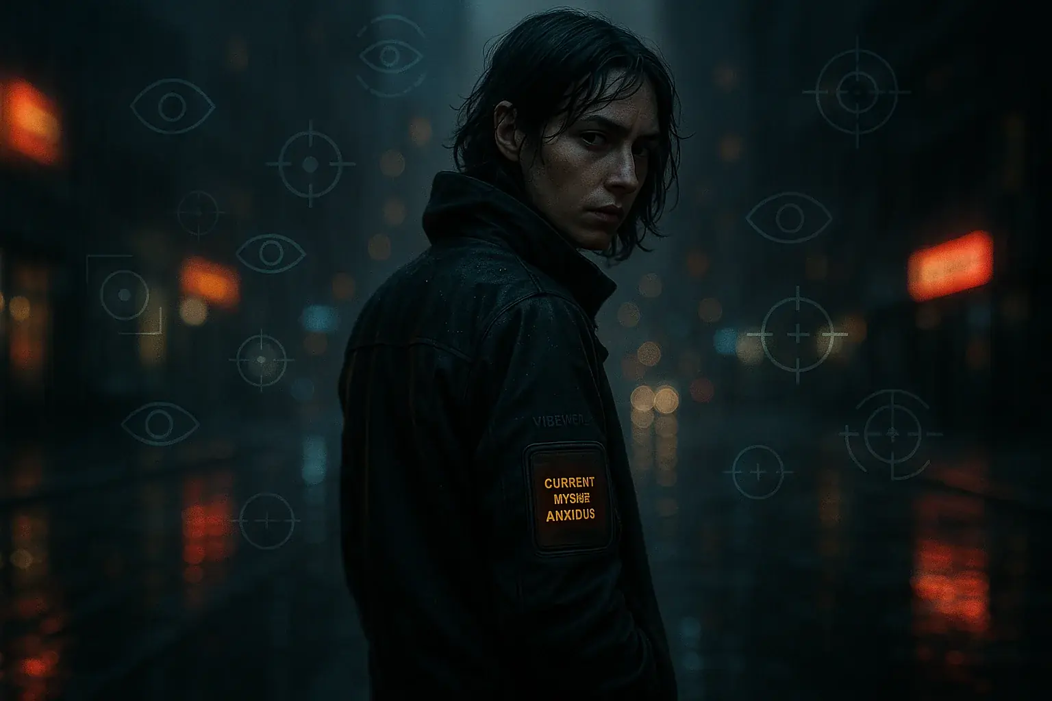 Person in VibeWear surrounded by subtle digital eyes, symbolizing the feeling of being watched or profiled.