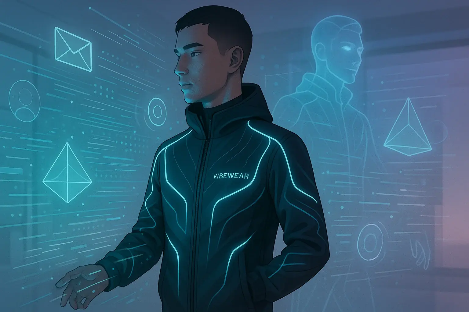 Futuristic scene: VibeWear clothing as a natural interface for identity, seamlessly blending physical/digital worlds with