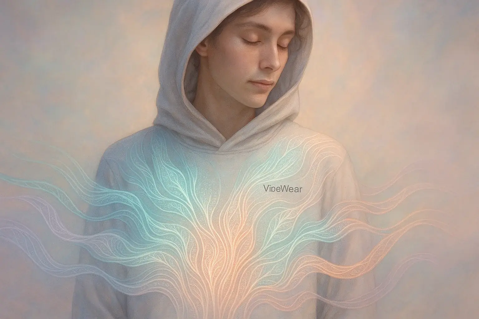 VibeWear user, E-Ink patterns flow from chest, symbolizing how clothes can foster inner calm & happiness in a peaceful