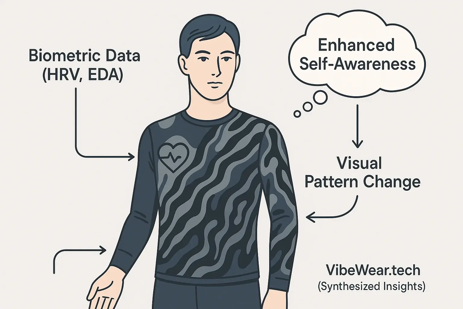 Infographic: Biometric data (HRV, EDA) from body reflected in VibeWear visual patterns, enhancing self-awareness.