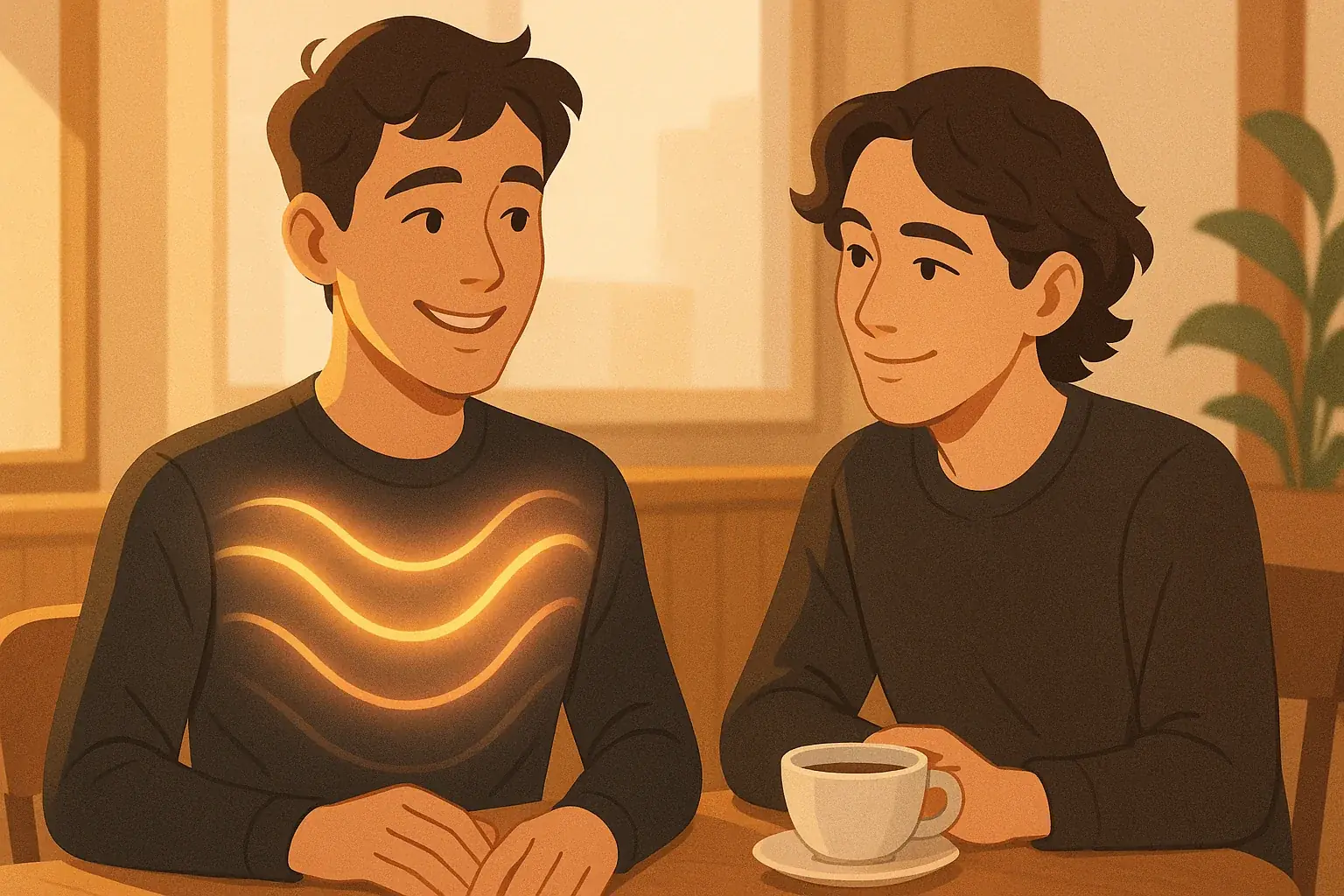 Stylized VibeWear user's positive mood patterns meet understanding gaze, fostering empathetic connection in a social setting.