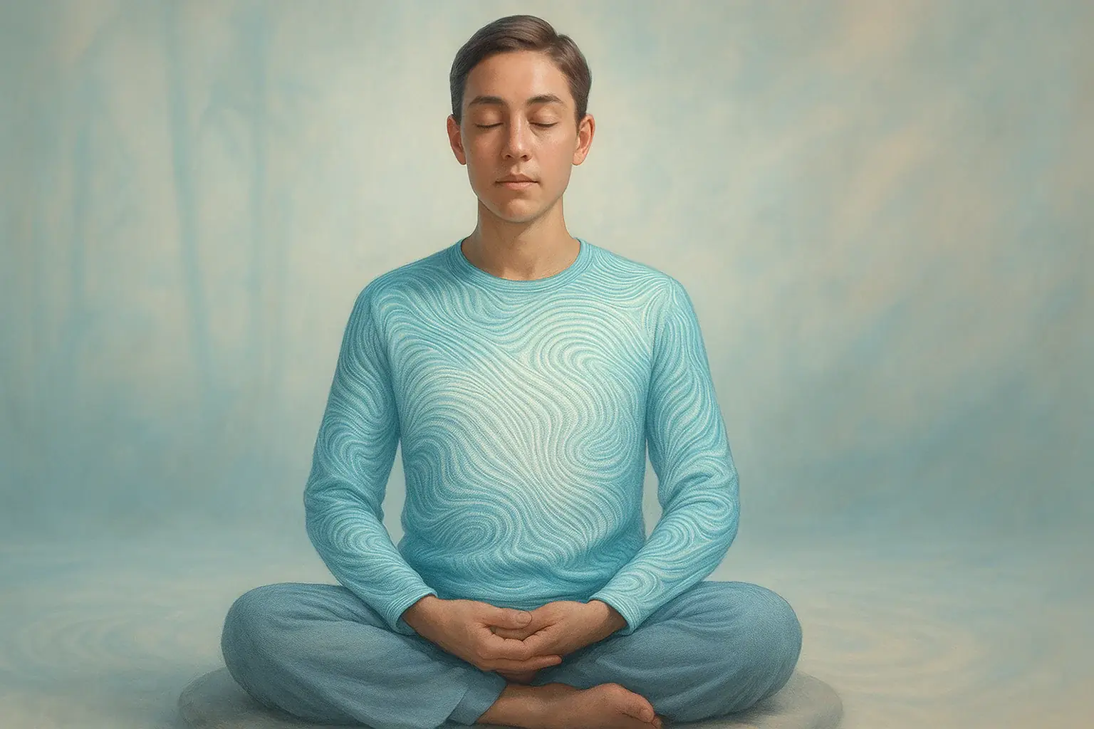 Person in tranquil meditation, VibeWear showing personalized, calming, flowing patterns for therapeutic comfort.