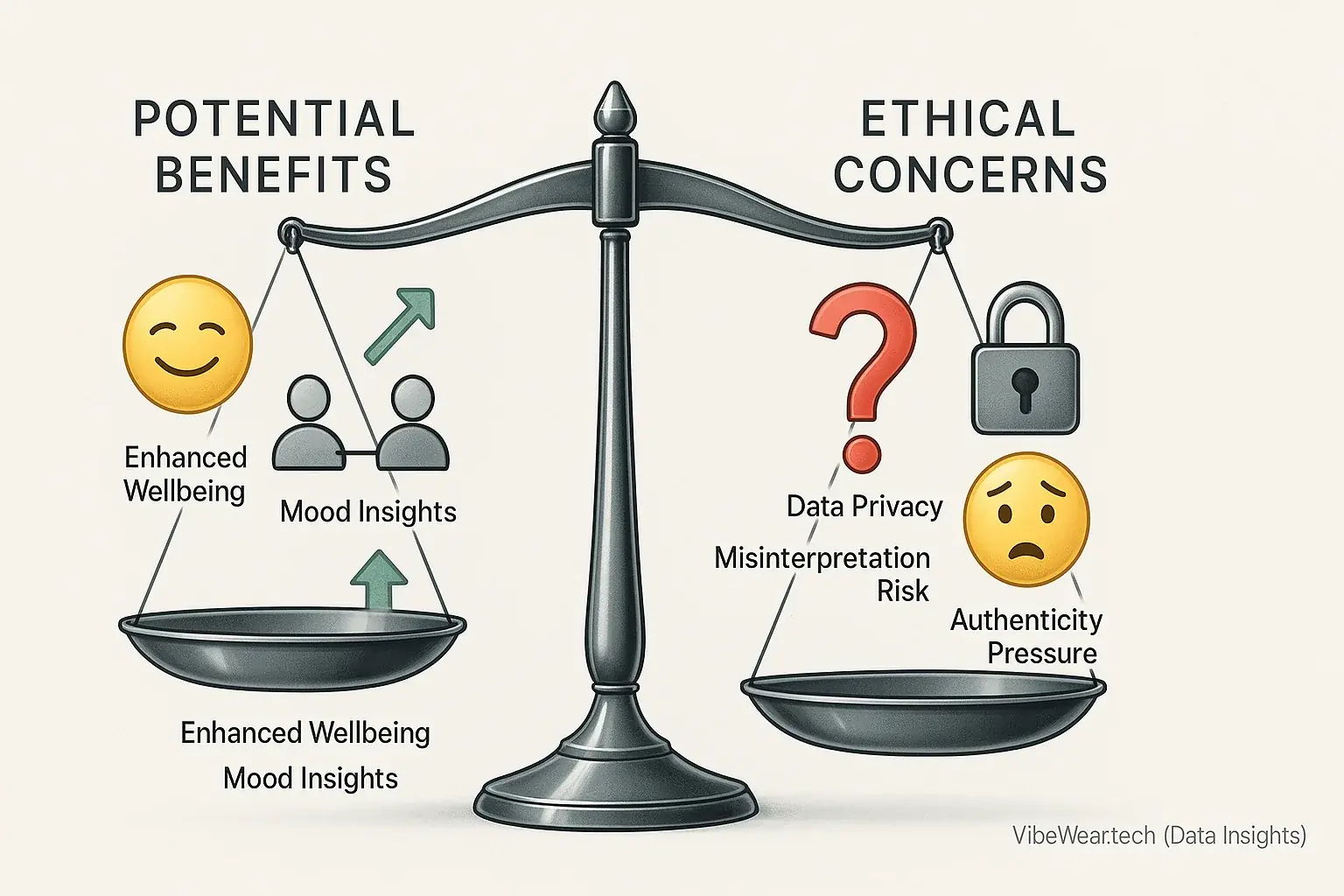 Scale tilted: 'Ethical Concerns' (padlock, ?, worry) outweigh 'Benefits' (calm, connection), highlighting VibeWear's