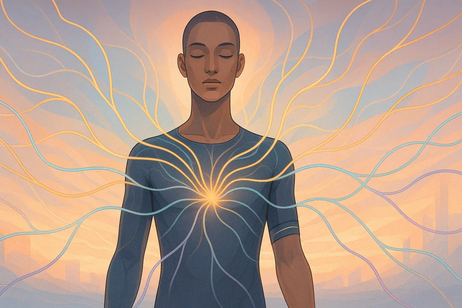 Stylized figure in VibeWear, glowing lines show emotional balance. Futuristic design for your innovative wellbeing journey.