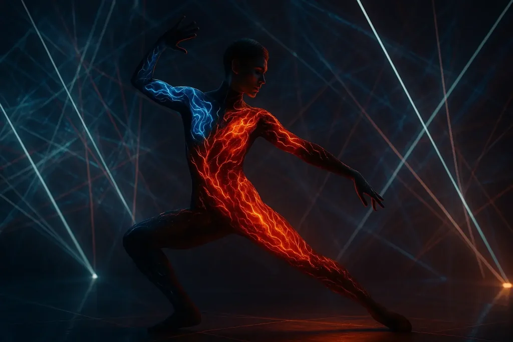 Futuristic performer's glowing e-ink VibeWear costume, a dynamic canvas, alive with an interactive light show.