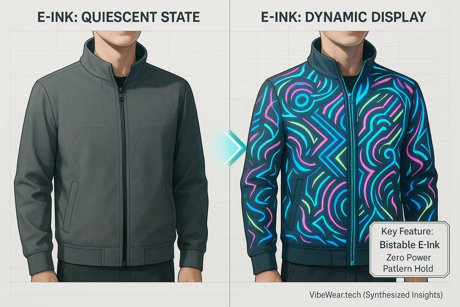 Infographic illustrating an E-Ink costume dynamically changing patterns/colors in sequence with performer cues.