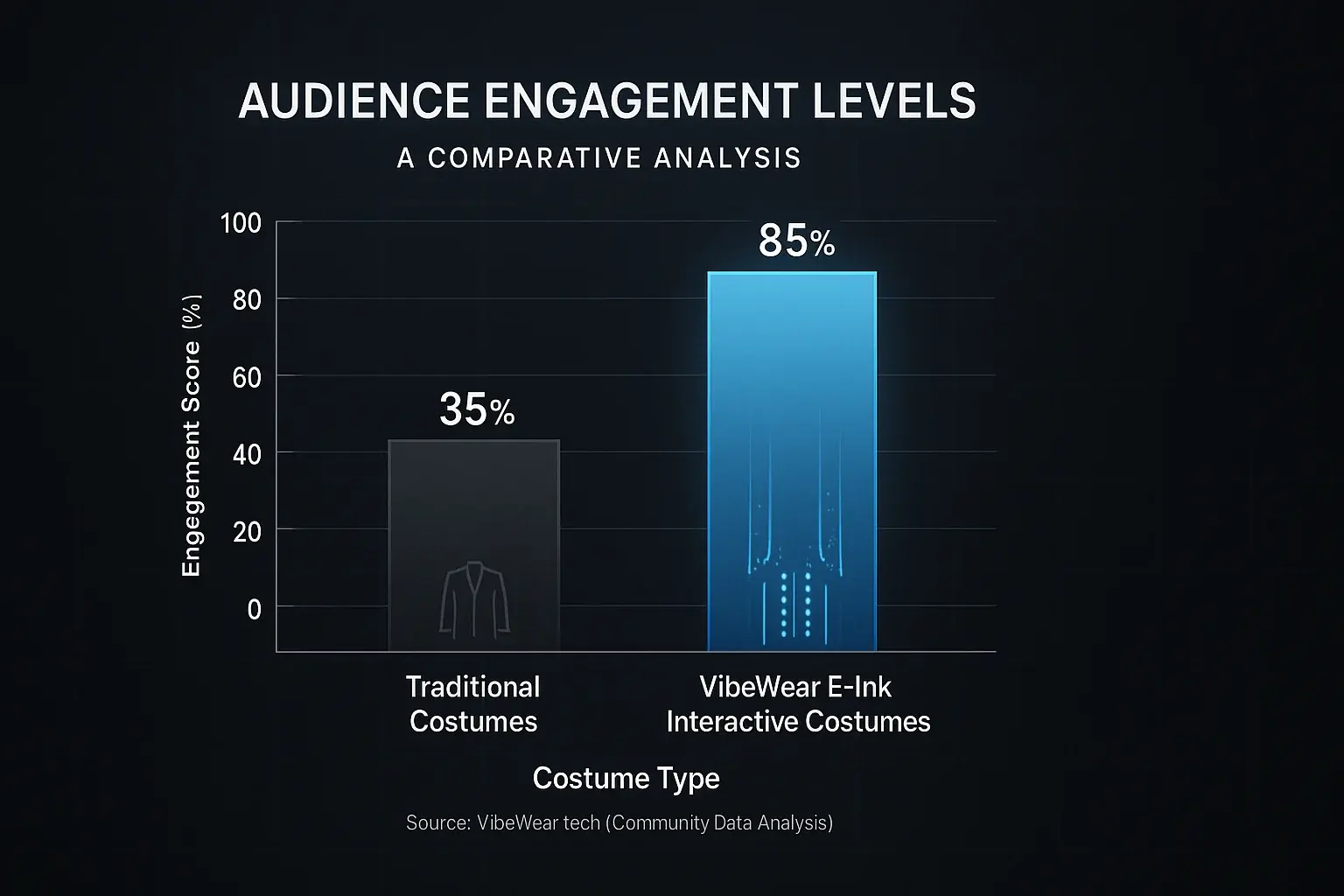 Bar chart: E-Ink costumes drive significantly higher audience engagement than traditional ones.