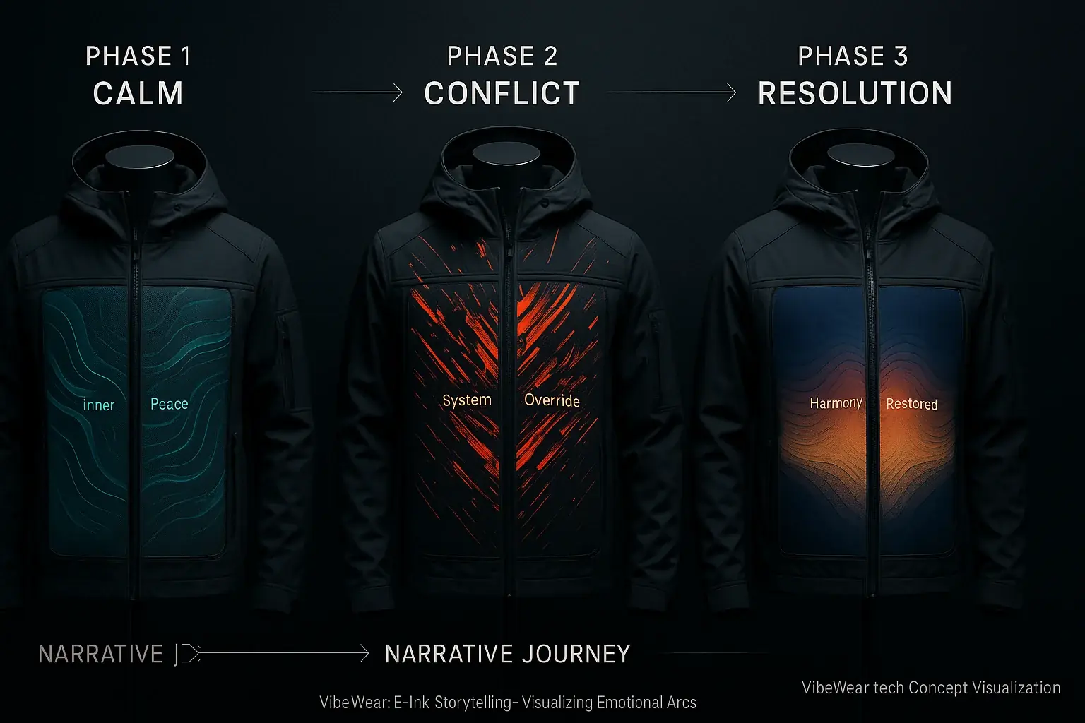 Infographic: E-Ink costumes transition patterns/colors, depicting story arc (e.g., Calm -> Conflict -> Resolution).