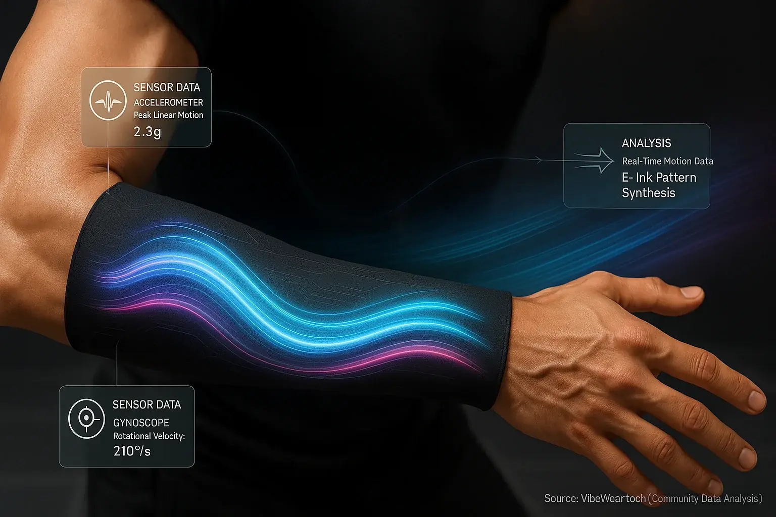 Dancer's arm sweep, via sensors, changes E-Ink sleeve visuals, illustrating choreography-responsive apparel.