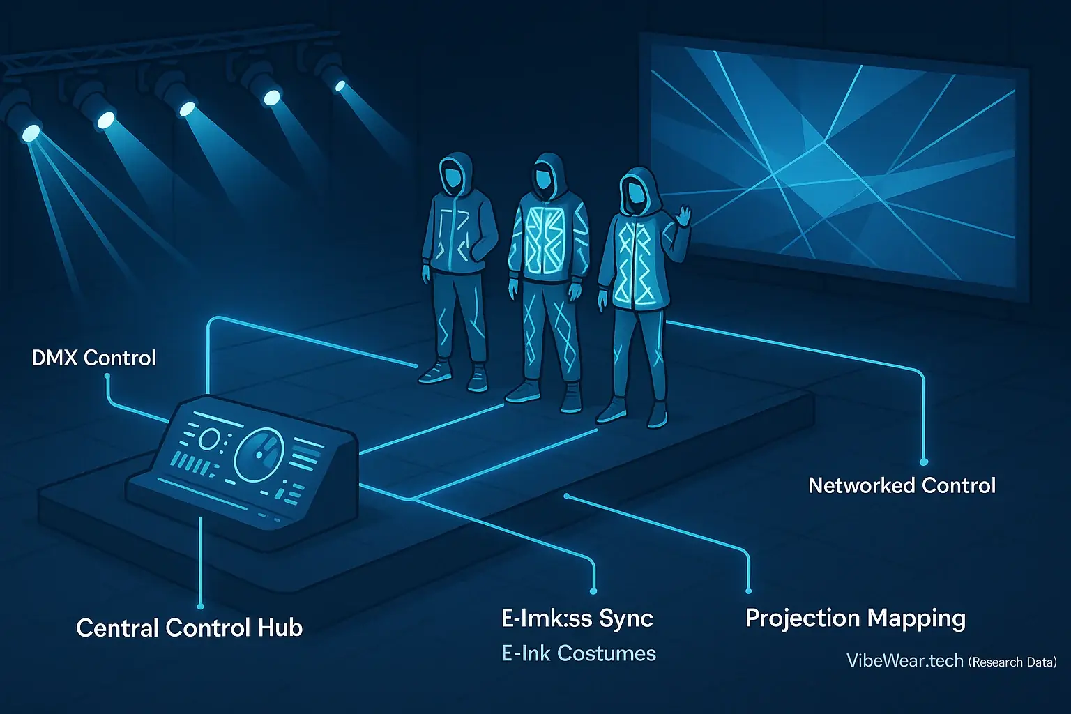 Diagram: VibeWear E-Ink costumes, lights & projection mapping synced by central control for a seamless, cohesive spectacle.
