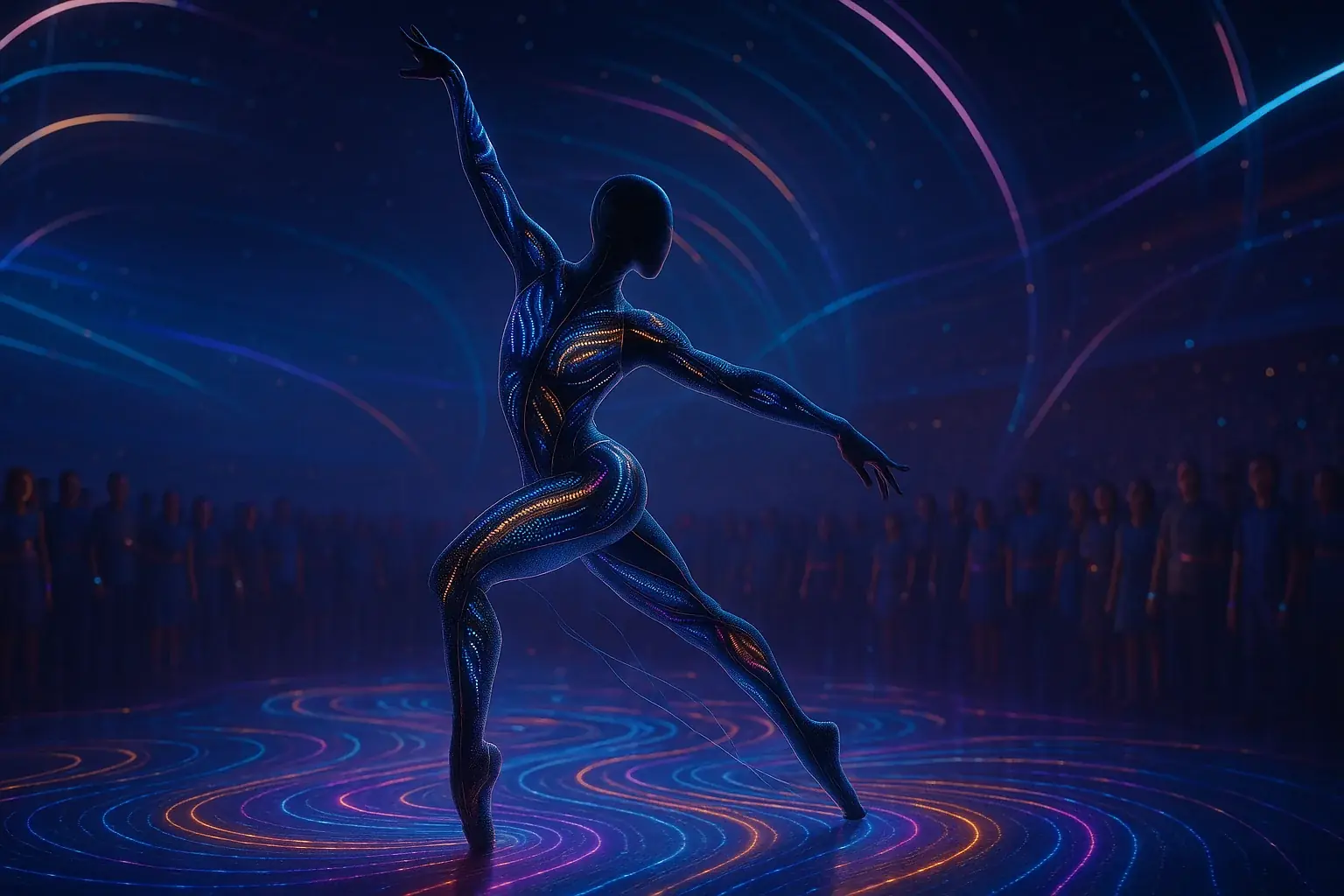 Futuristic stage: dynamic E-Ink visuals blur performer-audience lines, showcasing VibeWear's future interactive performance.