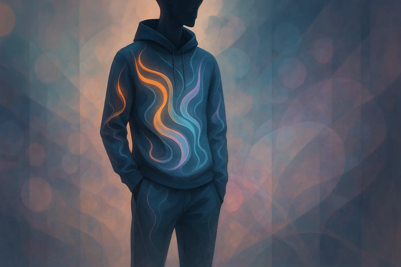 VibeWear on a silhouette, a living canvas of shifting colors and patterns expressing the wearer's inner world.