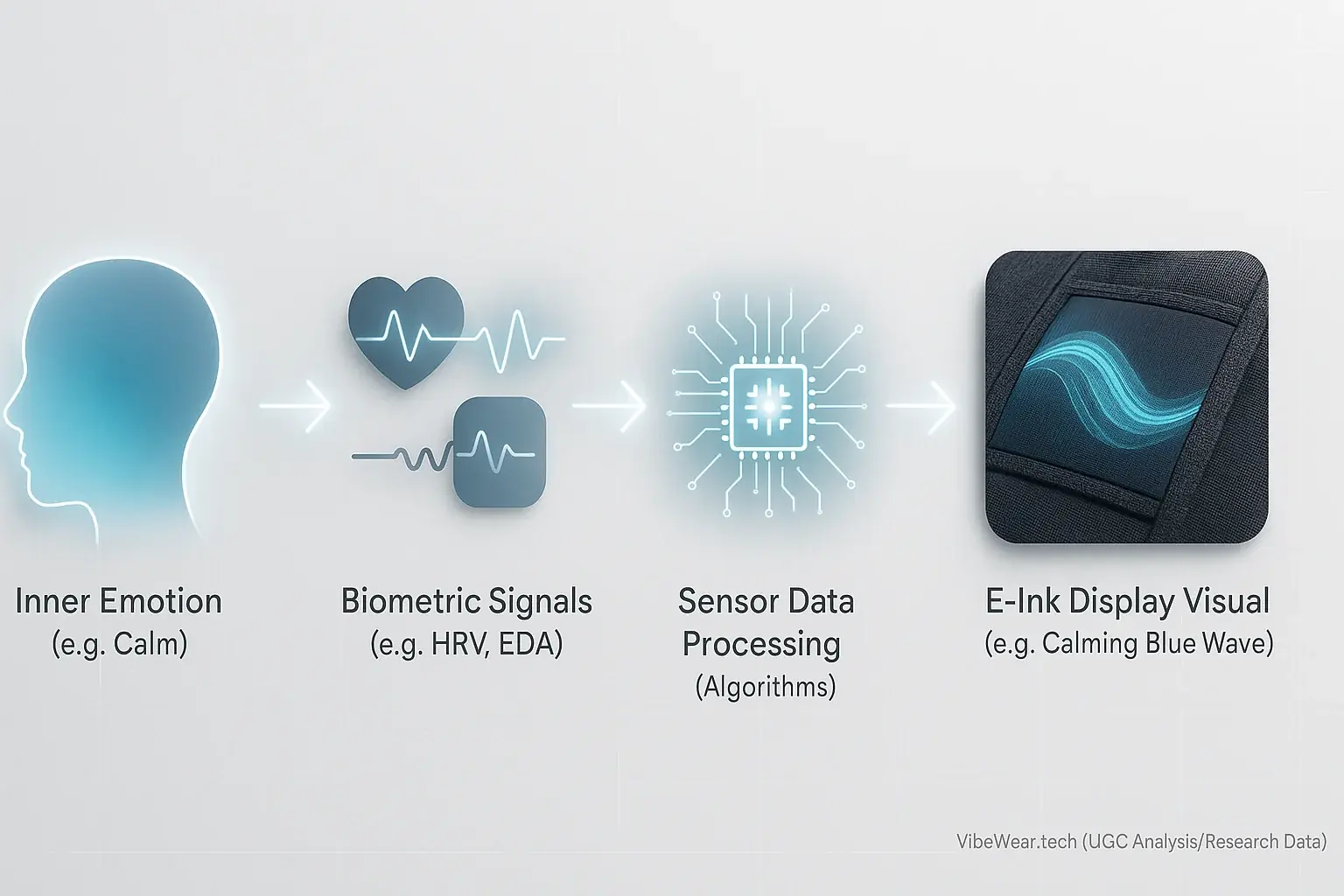 Flowchart: Inner Emotion to Biometric Signal, Sensor Data Processing, to E-Ink Display Visual – how VibeWear shows emotion.