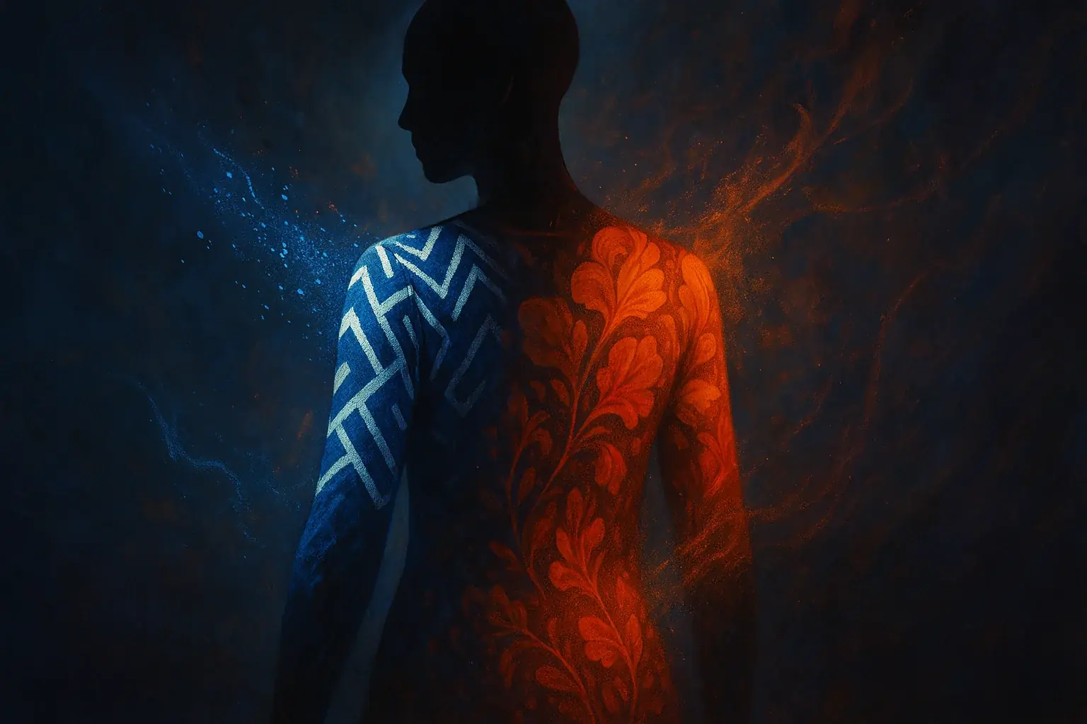 Silhouette with fading and emerging clothing patterns, illustrating fluid and dynamic identity.