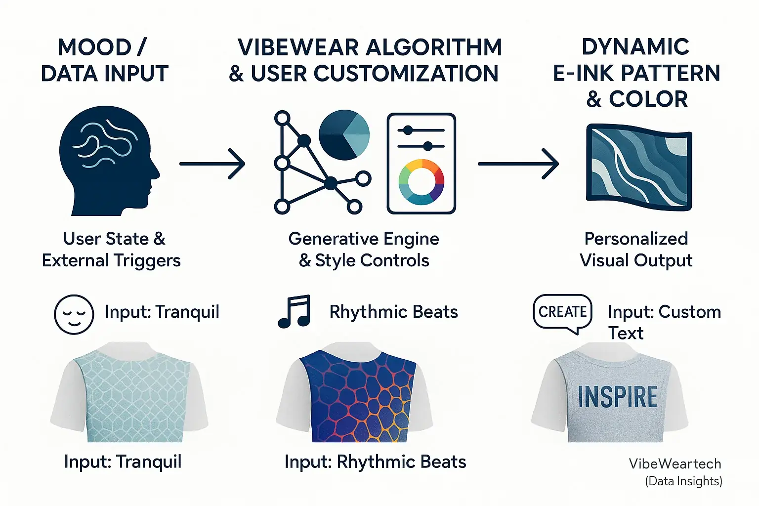 VibeWear diagram: Mood input, via algorithm & choices, crafts e-ink patterns/colors (geometric, abstract, text).