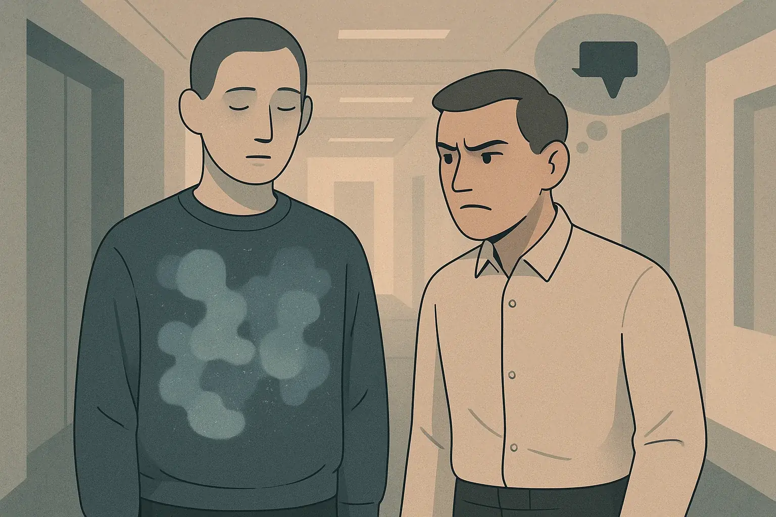 Stylized figure's clothing shows 'stressed' via jagged patterns; another figure looks confused, illustrating misread