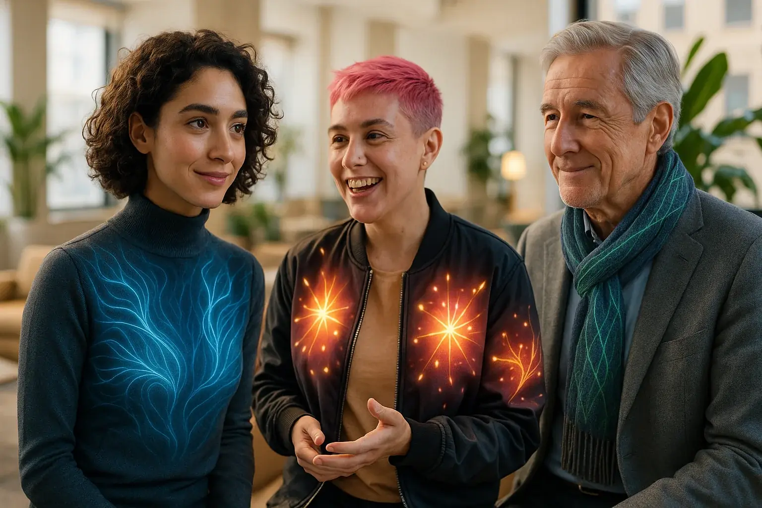 Diverse individuals connect authentically, their VibeWear displaying unique inner states through dynamic, colorful patterns.