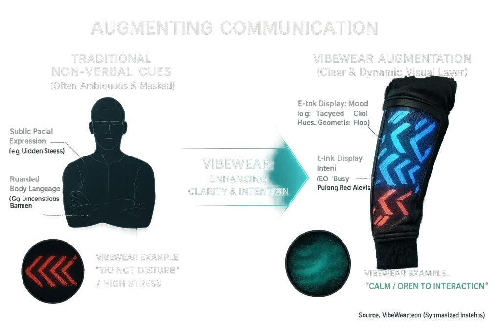 Infographic: Facial/body cues vs. VibeWear's dynamic patterns, a new layer augmenting non-verbal communication.