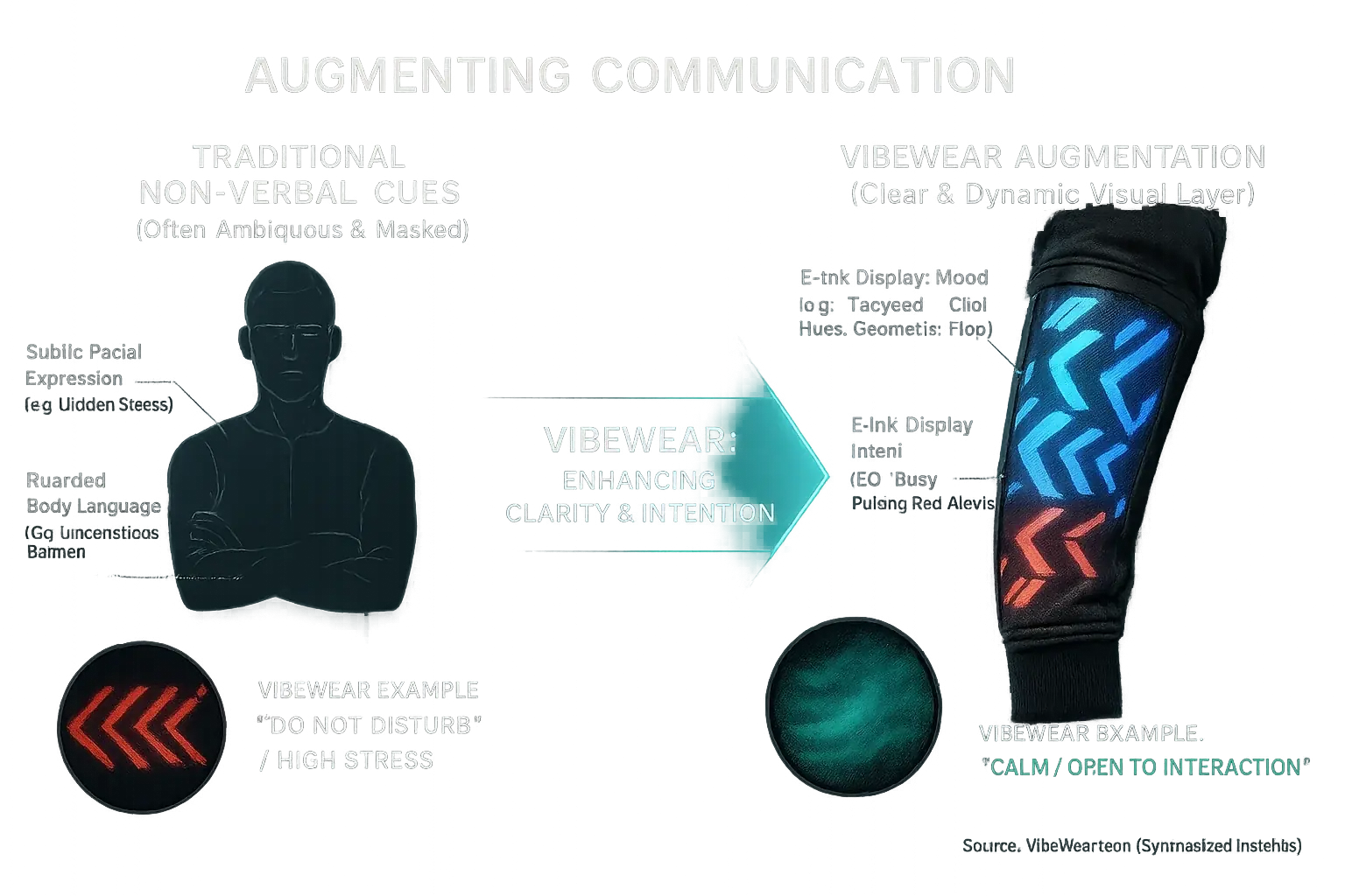 Infographic: Facial/body cues vs. VibeWear's dynamic patterns, a new layer augmenting non-verbal communication.