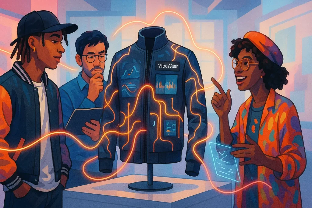Diverse creators from fashion, tech, and art brainstorm a glowing futuristic garment, embodying community and shared vision.