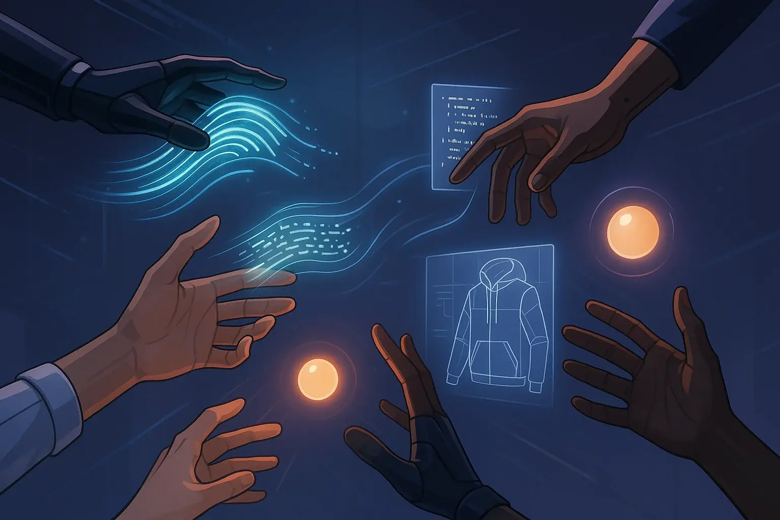 Futuristic hands pass glowing digital ideas, code & designs, symbolizing co-creation and contribution at VibeWear.
